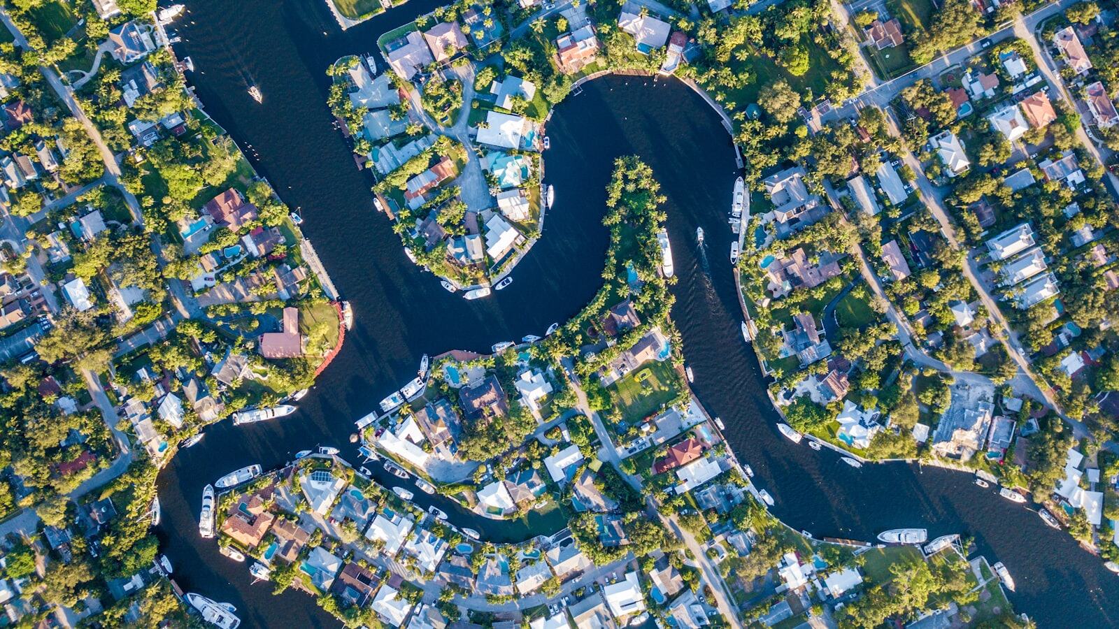 Aerial view of Fort Lauderdale’s Intracoastal canals lined with homes and boats, the Venice of America